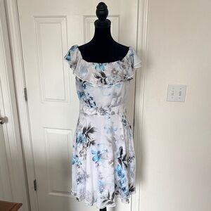 White House Black Market Off-Shoulder Fit and Flare Dress in Blue and White
